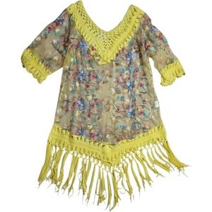 ASHA‎ Yellow Embroidered Floral Crochet Fringe Sheer Coverup Women's Size OS